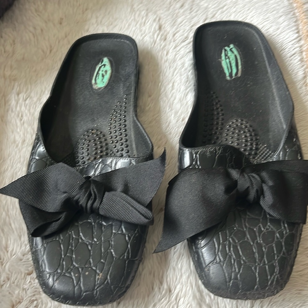 Black OKAb rubber slip on shoes, sz M! Black ribbon (removed or interchangeable)